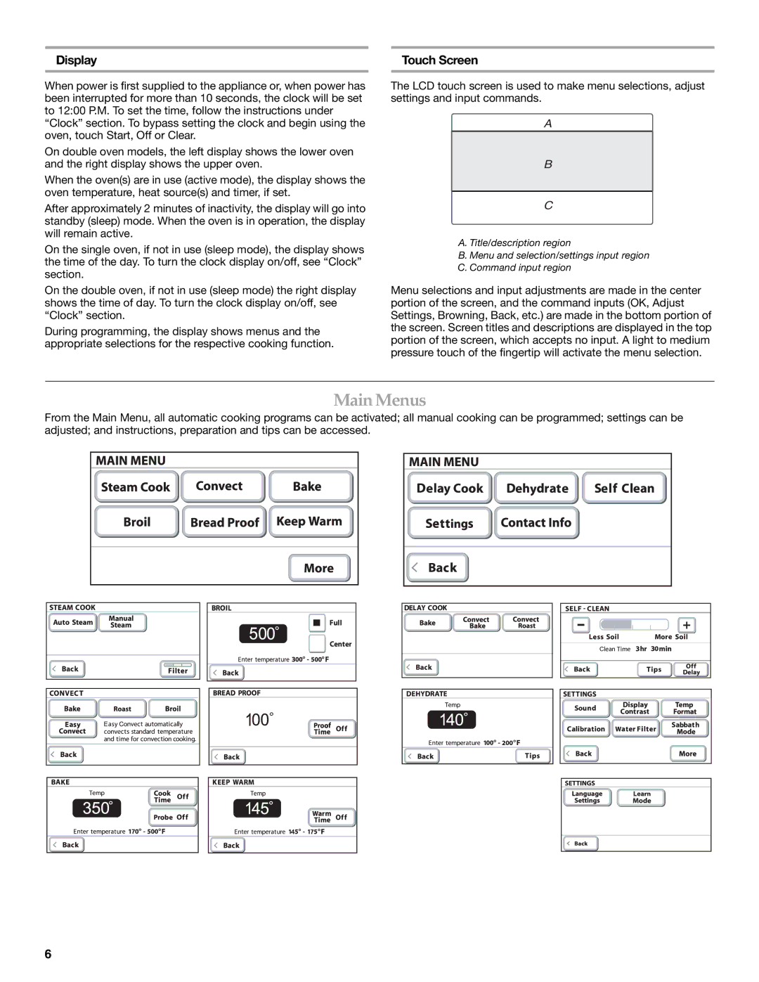 KitchenAid KEBU208, KEBU107, 8304531A manual MainMenus, Display, Touch Screen 