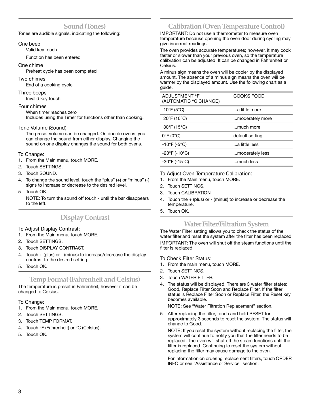 KitchenAid 8304531A manual SoundTones, DisplayContrast, TempFormatFahrenheitandCelsius, CalibrationOvenTemperatureControl 