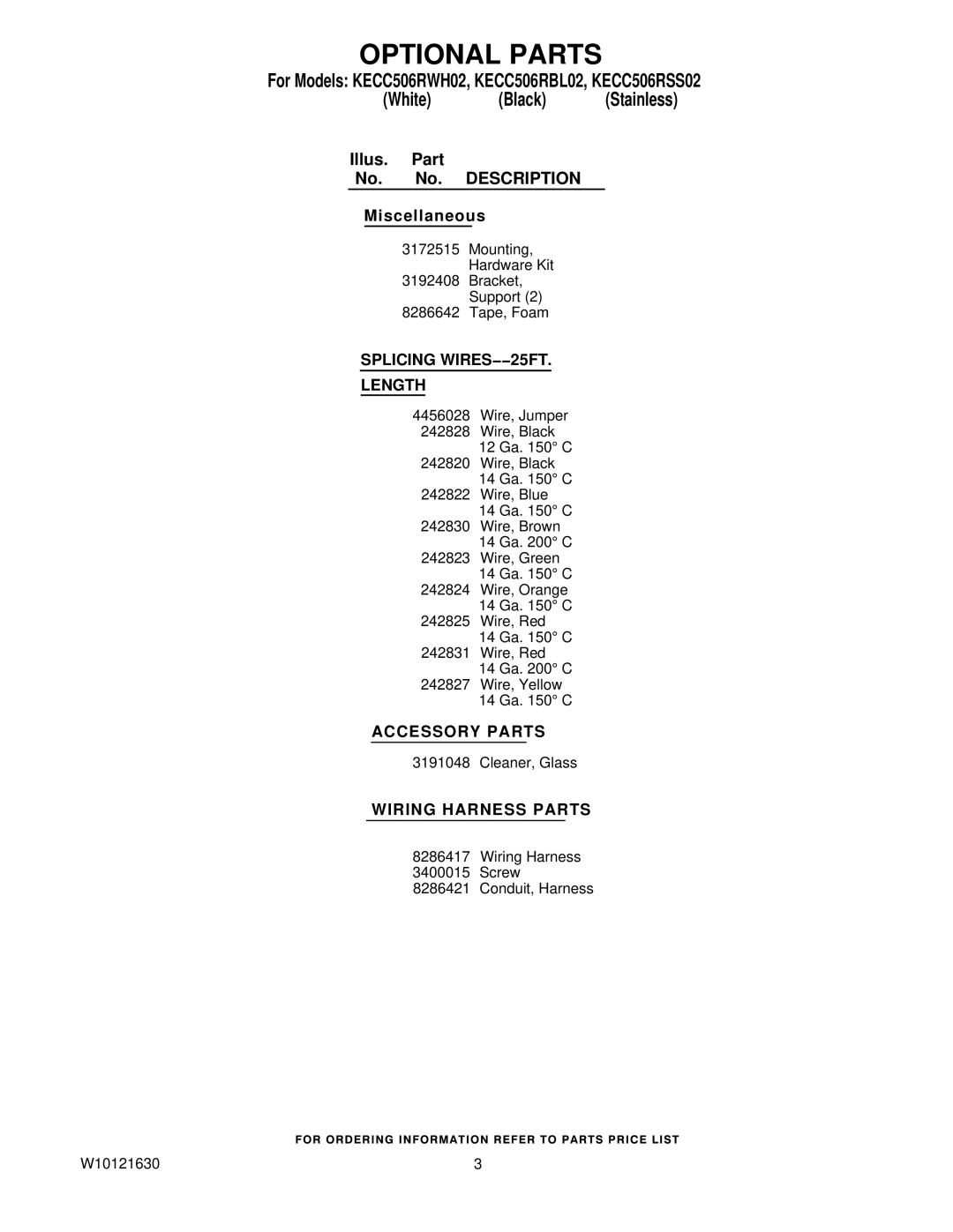 KitchenAid manual Optional Parts, For Models KECC506RWH02, KECC506RBL02, KECC506RSS02 White, Splicing WIRES−−25FT Length 