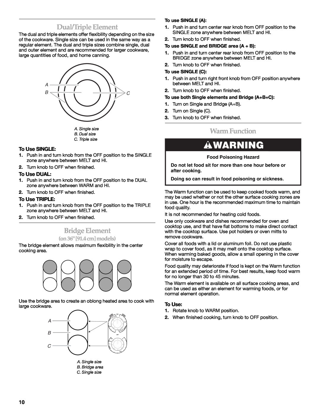 KitchenAid KECC056 Warm Function, To Use SINGLE, To Use DUAL, To Use TRIPLE, Dual/Triple Element, Bridge Element, A B C 