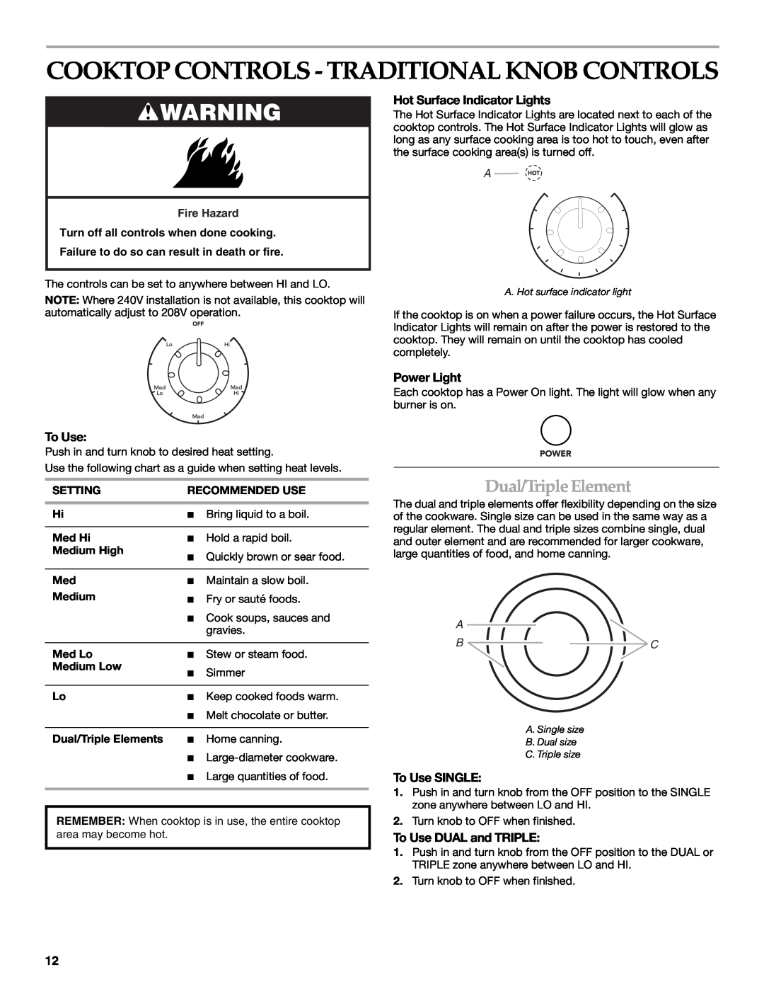 KitchenAid KECC507 Cooktop Controls - Traditional Knob Controls, To Use DUAL and TRIPLE, Dual/Triple Element, Power Light 