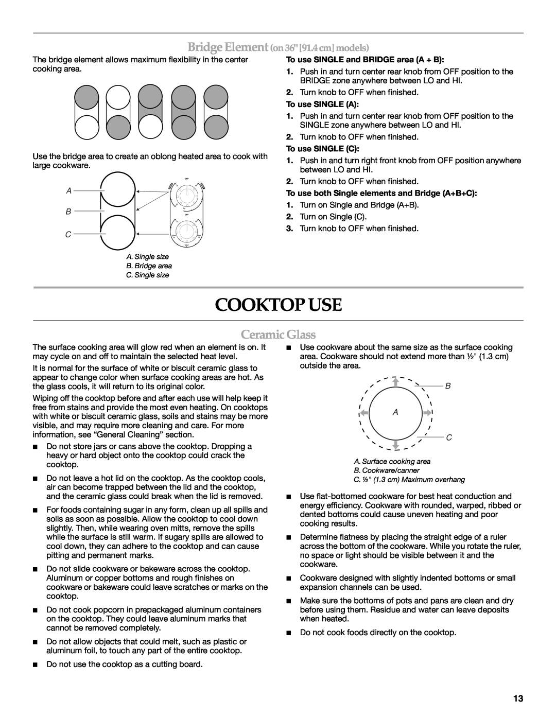 KitchenAid KECC056, KECC507, KECC506 manual Cooktop Use, Ceramic Glass, Bridge Element on 36 91.4cm models, B A C, A B C 