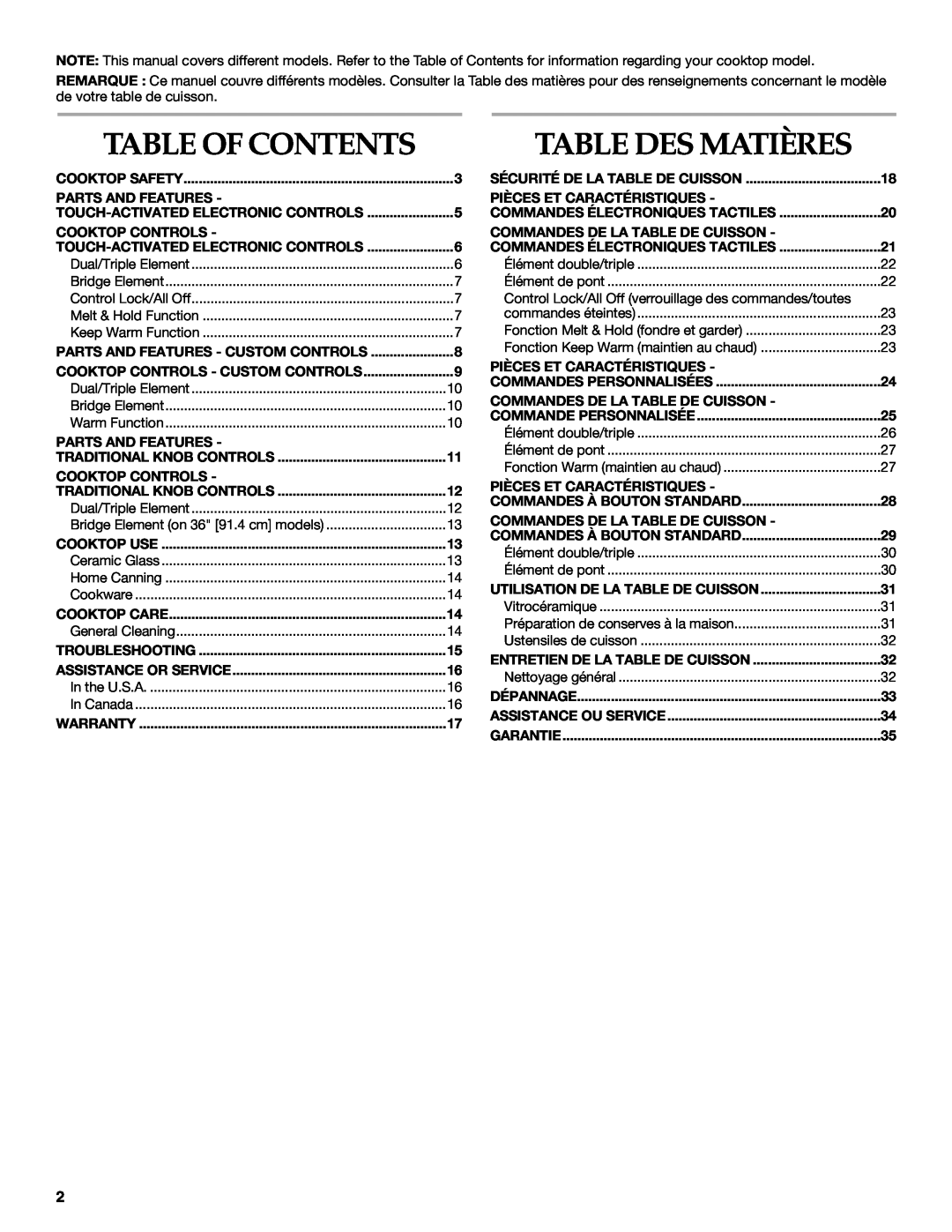KitchenAid KECC506, KECC507, KECC056 manual Table Des Matières, Table Of Contents 