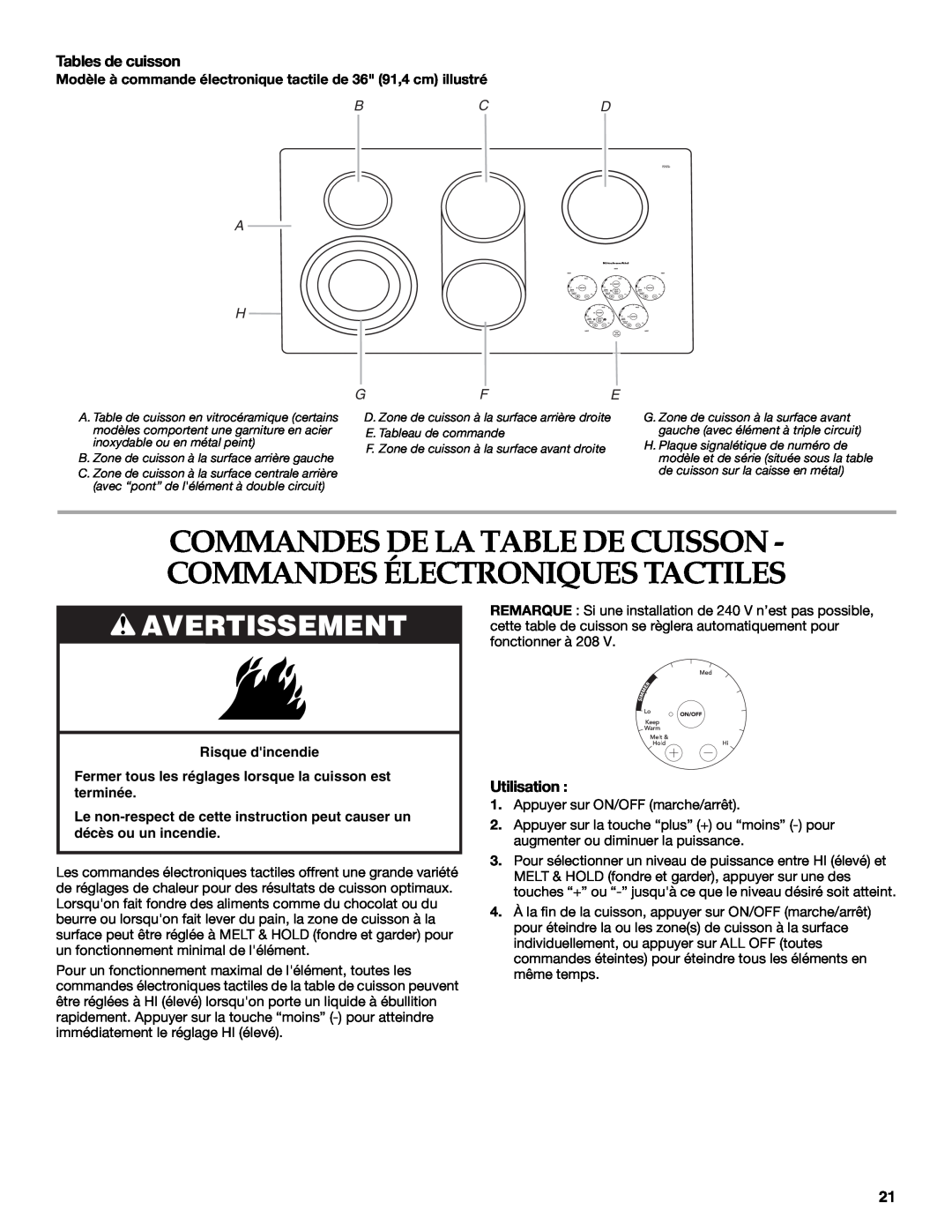 KitchenAid KECC507 Commandes De La Table De Cuisson - Commandes Électroniques Tactiles, Avertissement, Tables de cuisson 