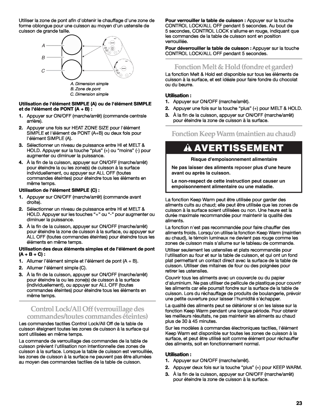 KitchenAid KECC506 Fonction Melt & Hold fondre et garder, Fonction Keep Warm maintien au chaud, Avertissement, Utilisation 