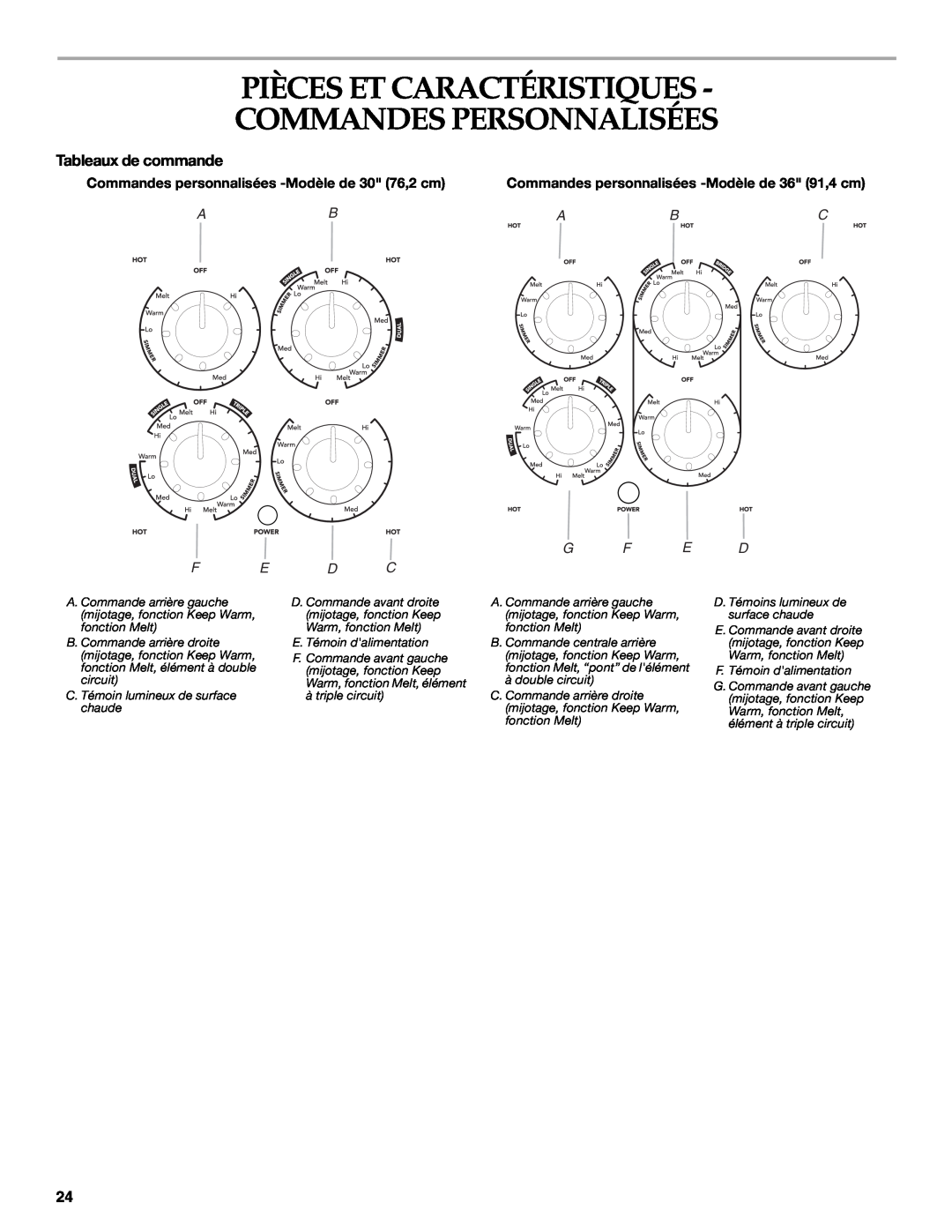 KitchenAid KECC507, KECC056, KECC506 Pièces Et Caractéristiques Commandes Personnalisées, G F E D, Tableaux de commande 