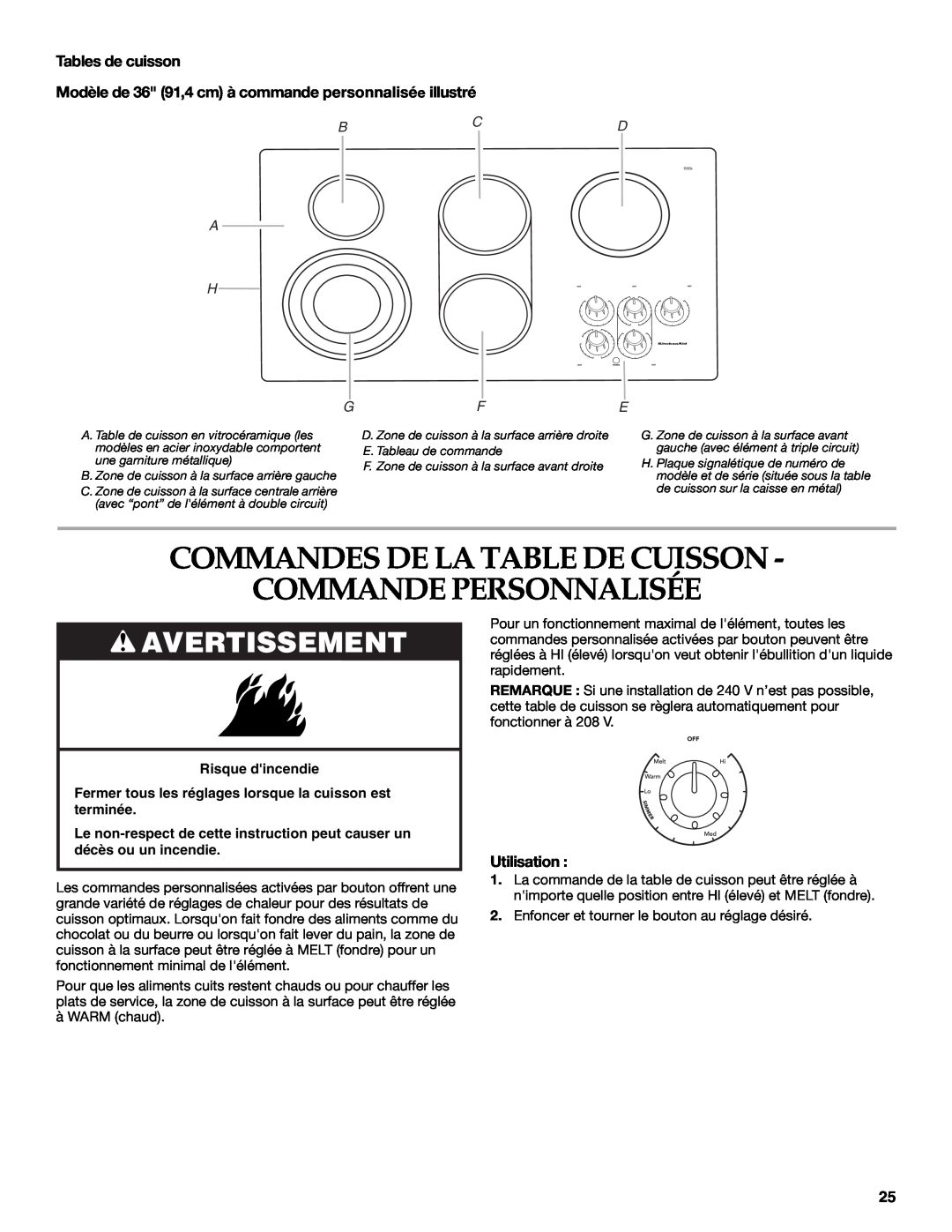 KitchenAid KECC056 Commandes De La Table De Cuisson Commande Personnalisée, Avertissement, Tables de cuisson, Utilisation 