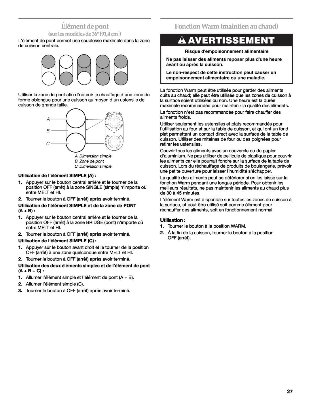 KitchenAid KECC507 Fonction Warm maintien au chaud, surles modèles de 36 91,4 cm, Avertissement, Élément de pont, A B C 