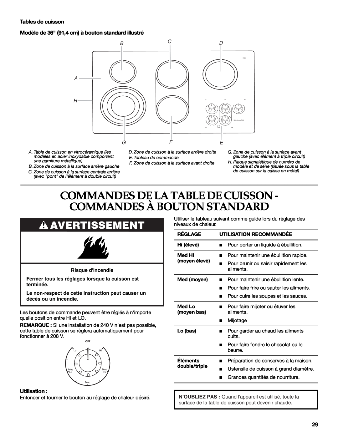 KitchenAid KECC506 Commandes De La Table De Cuisson - Commandes À Bouton Standard, Avertissement, Utilisation, Bcd A H 
