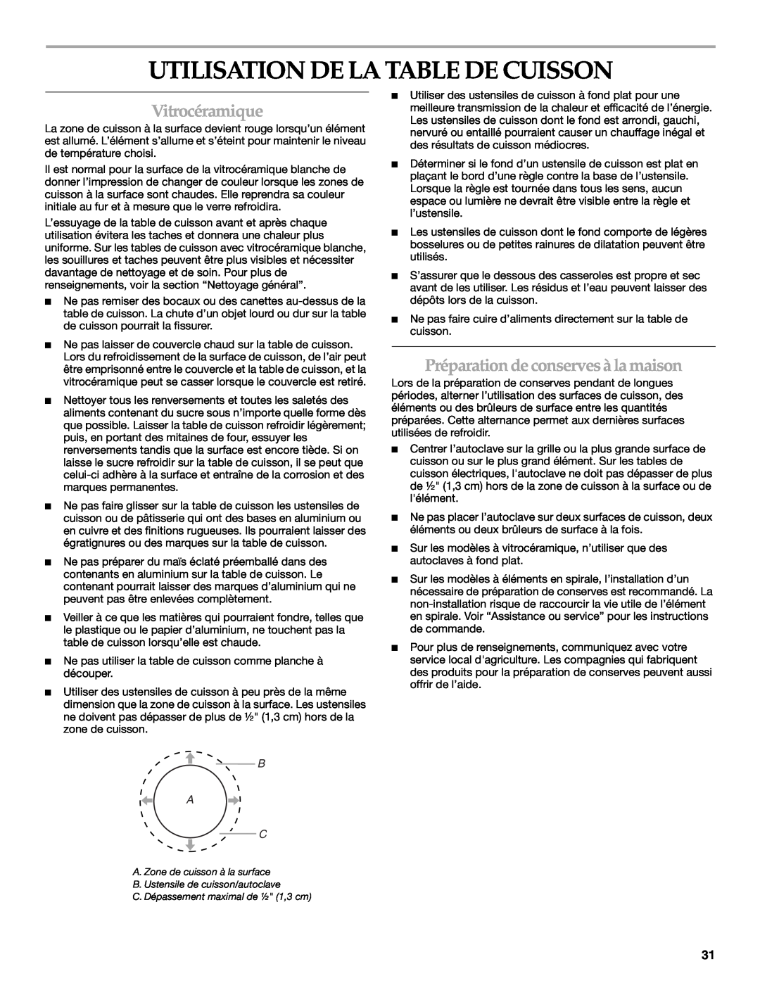 KitchenAid KECC056 manual Utilisation De La Table De Cuisson, Vitrocéramique, Préparation de conserves à la maison, B A C 