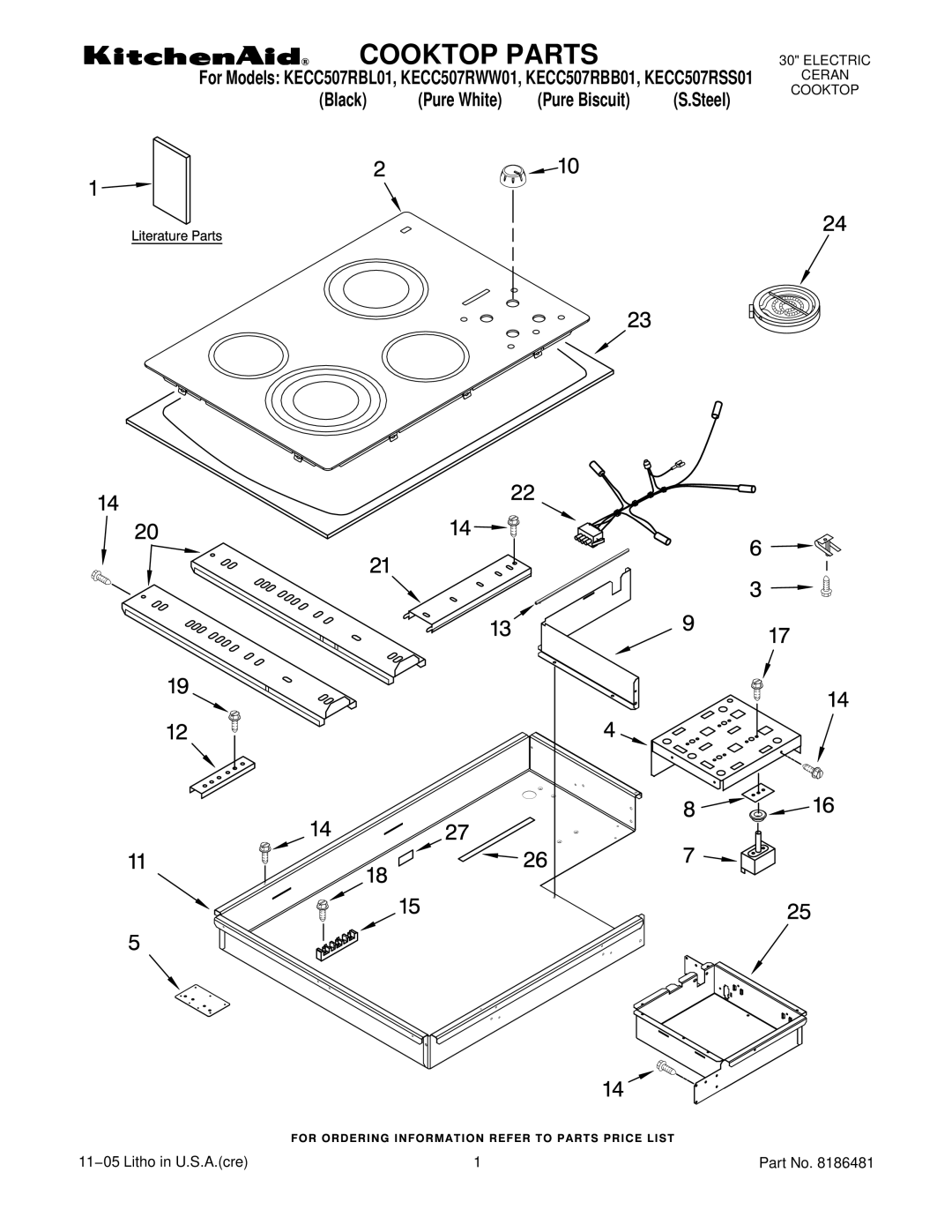 KitchenAid KECC507RBL01, KECC507RBB01, KECC507RWW01, KECC507RSS01 manual Cooktop Parts 