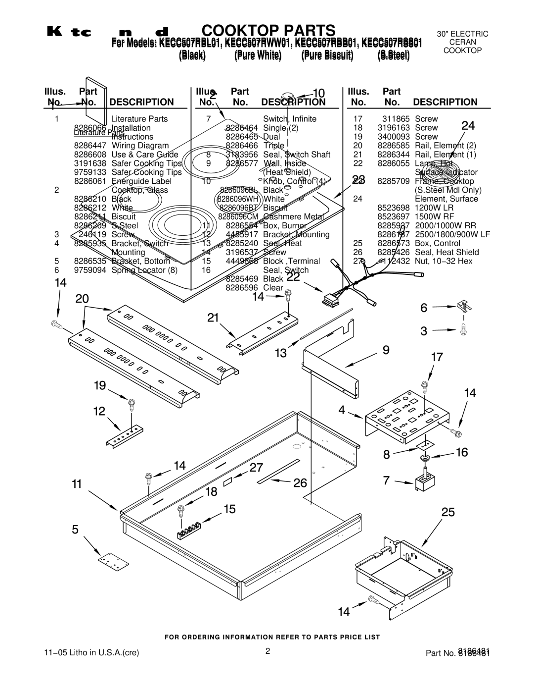 KitchenAid KECC507RWW01, KECC507RBB01, KECC507RBL01, KECC507RSS01 manual Illus. Part No. No. Description 