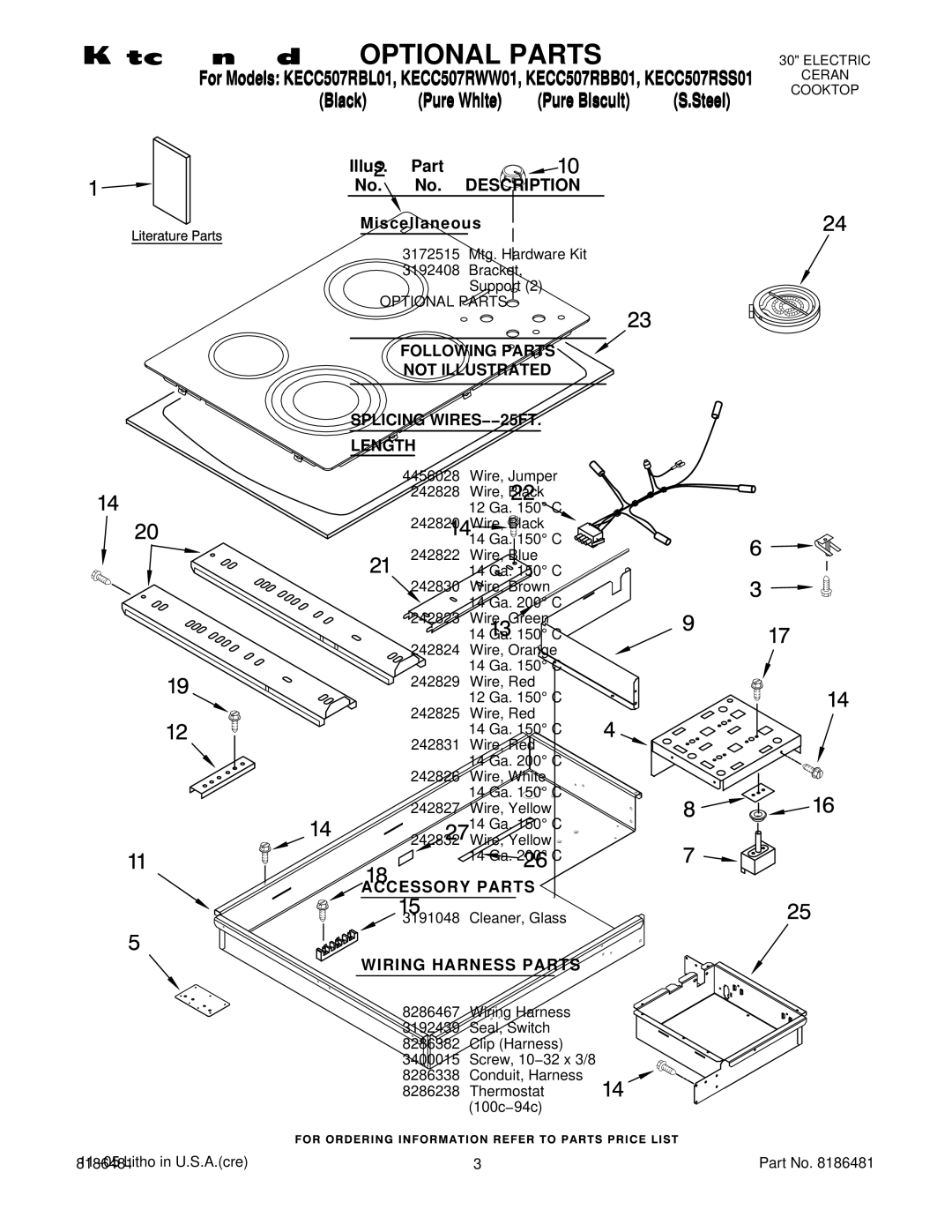 KitchenAid KECC507RSS01 Optional Parts, Illus Part No. Description Miscellaneous, Accessory Parts, Wiring Harness Parts 