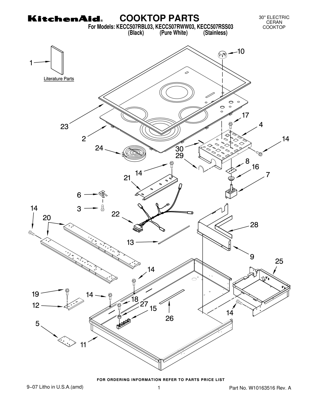 KitchenAid KECC507RSS03, KECC507RBL03, KECC507RWW03 manual Cooktop Parts 