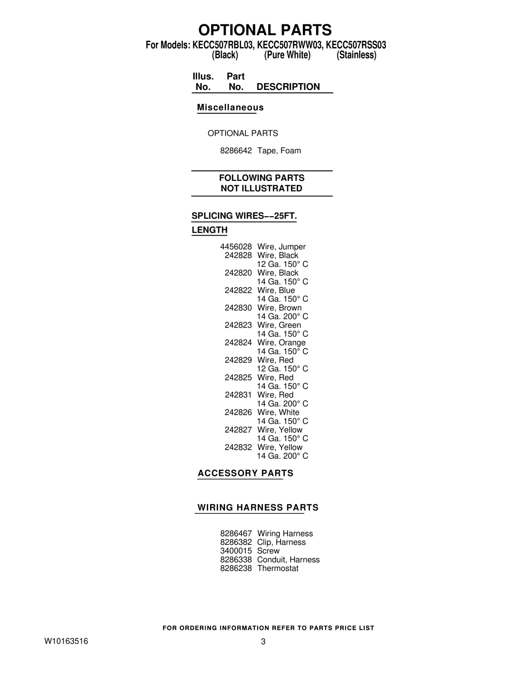 KitchenAid manual Optional Parts, For Models KECC507RBL03, KECC507RWW03, KECC507RSS03 Black, Description 