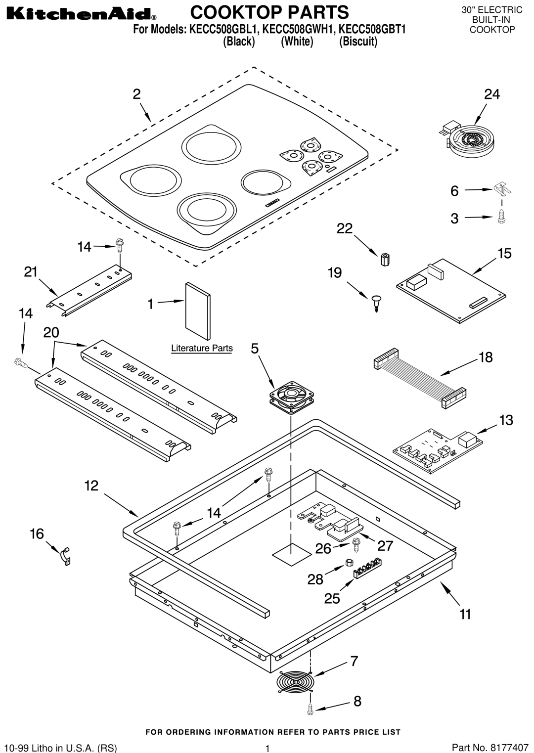 KitchenAid KECC508GBL1, KECC508GBT1, KECC508GWH1 manual Cooktop Parts, Litho in U.S.A. RS 