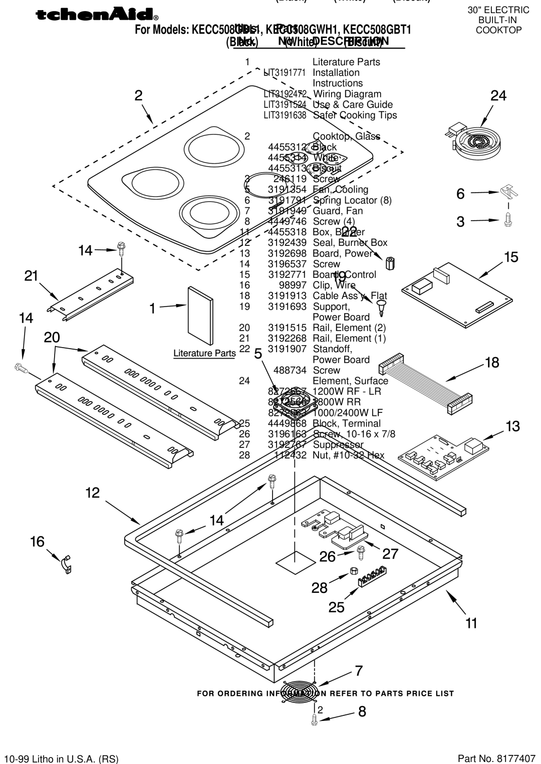 KitchenAid KECC508GWH1, KECC508GBT1, KECC508GBL1 manual Illus. Part No. No. Description, Literature Parts 