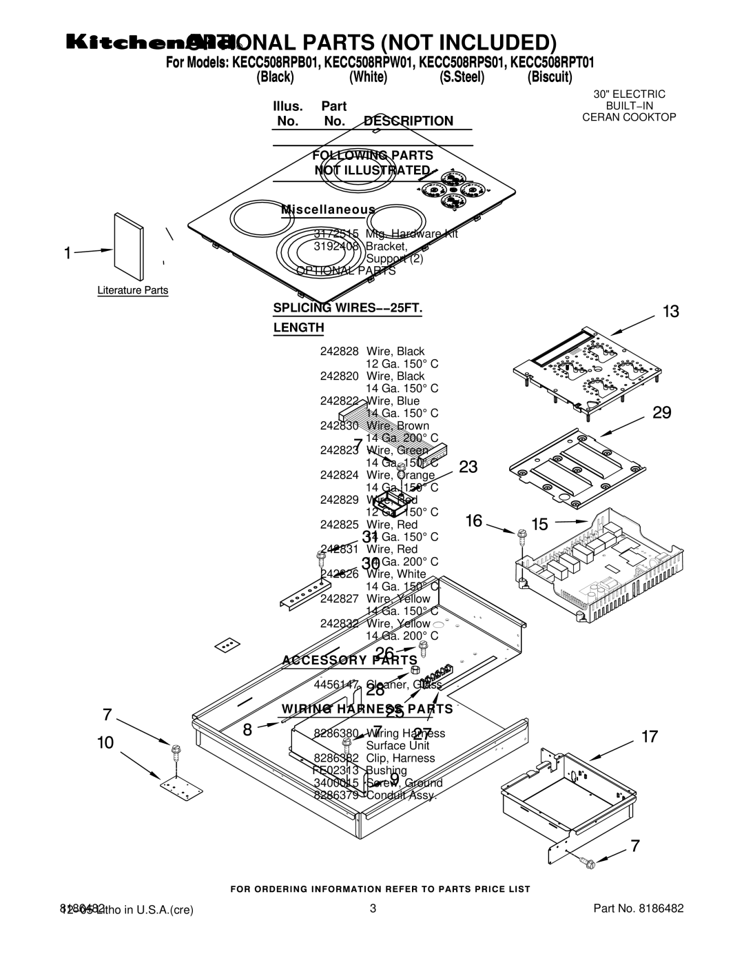 KitchenAid KECC508RPS01 manual Optional Parts not Included, Following Parts Not Illustrated, Splicing WIRES−−25FT Length 