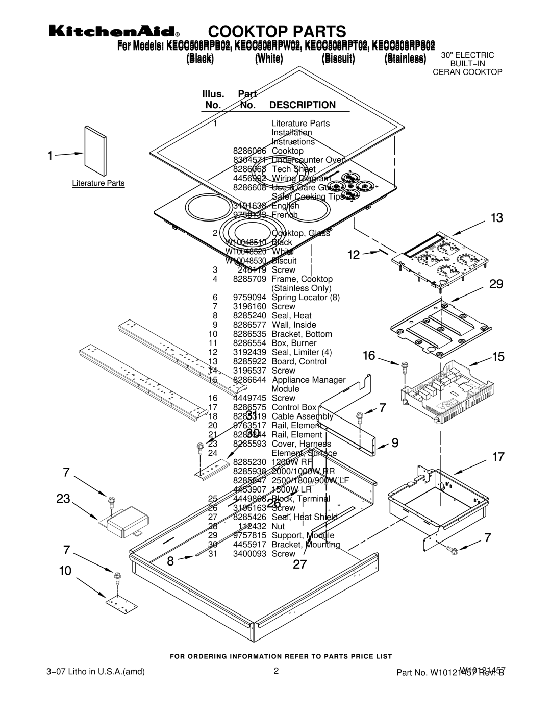 KitchenAid KECC508RPB02, KECC508RPW02, KECC508RPT02, KECC508RPS02 manual Illus Part No. Description 