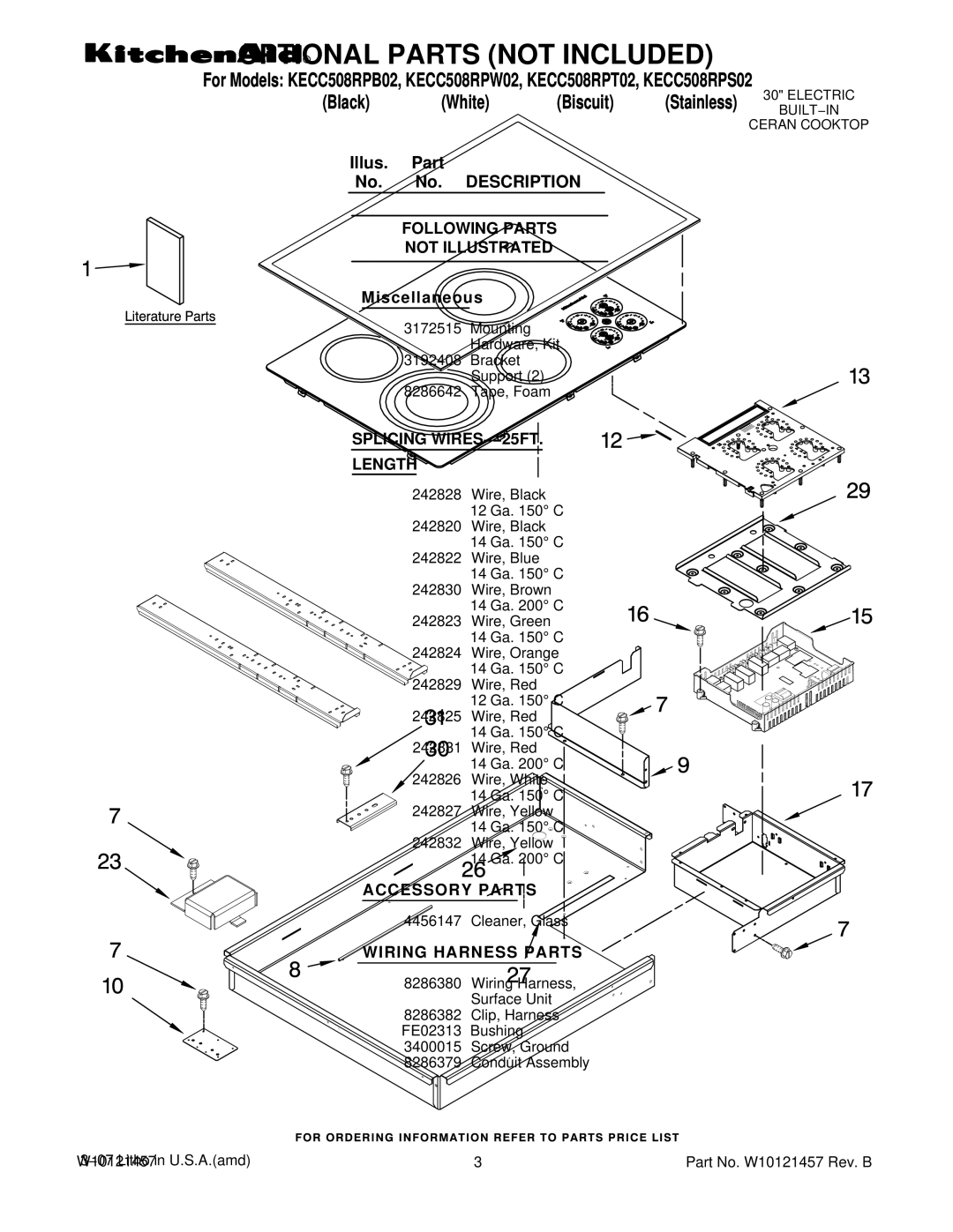 KitchenAid KECC508RPS02 manual Optional Parts not Included, Following Parts Not Illustrated, Splicing WIRES−−25FT Length 