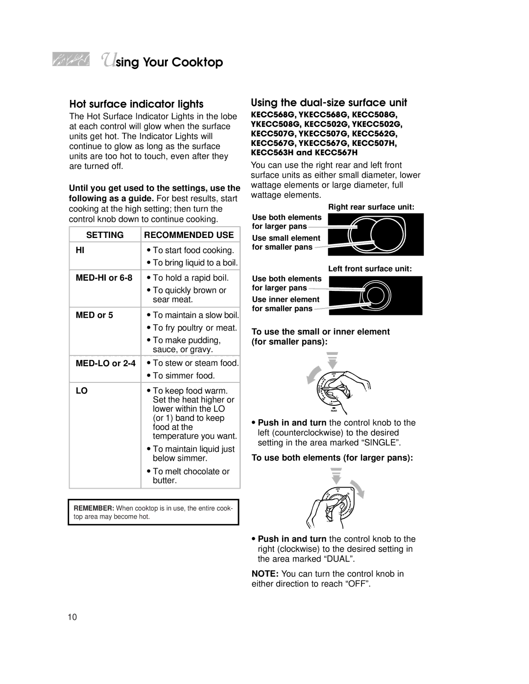 KitchenAid KECC507H, KECC563H, KECC051H warranty Hot surface indicator lights, Using the dual-size surface unit 