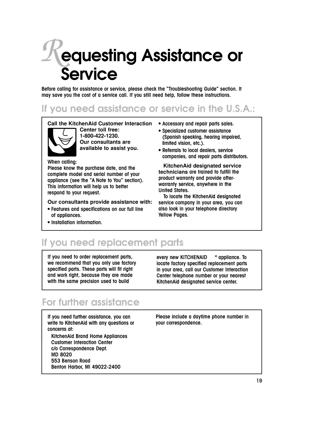 KitchenAid KECC507H, KECC563H, KECC051H Requesting Assistance or Service, If you need assistance or service in the U.S.A 