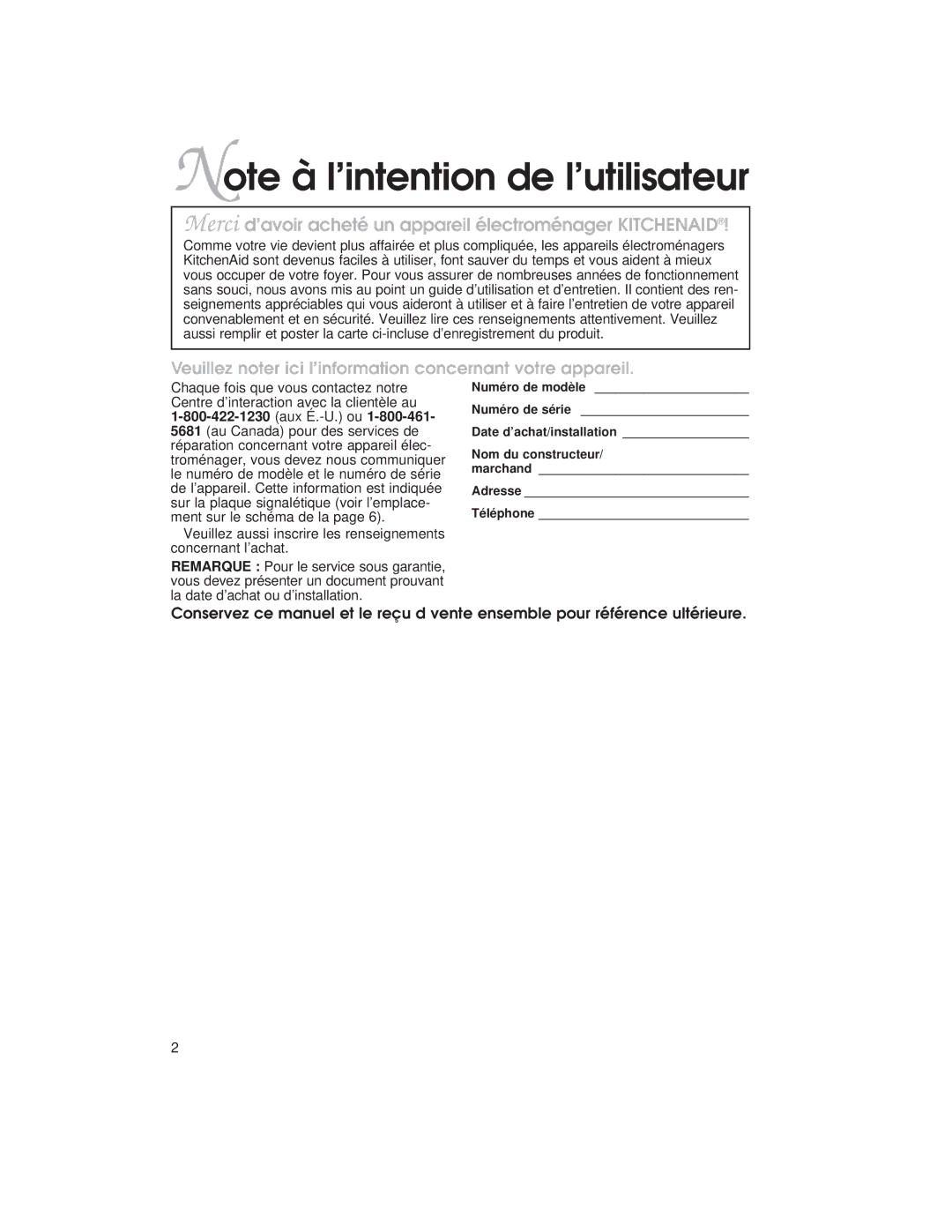 KitchenAid KECC563H, KECC507H, KECC051H warranty Merci d’avoir acheté un appareil électroménager Kitchenaid 