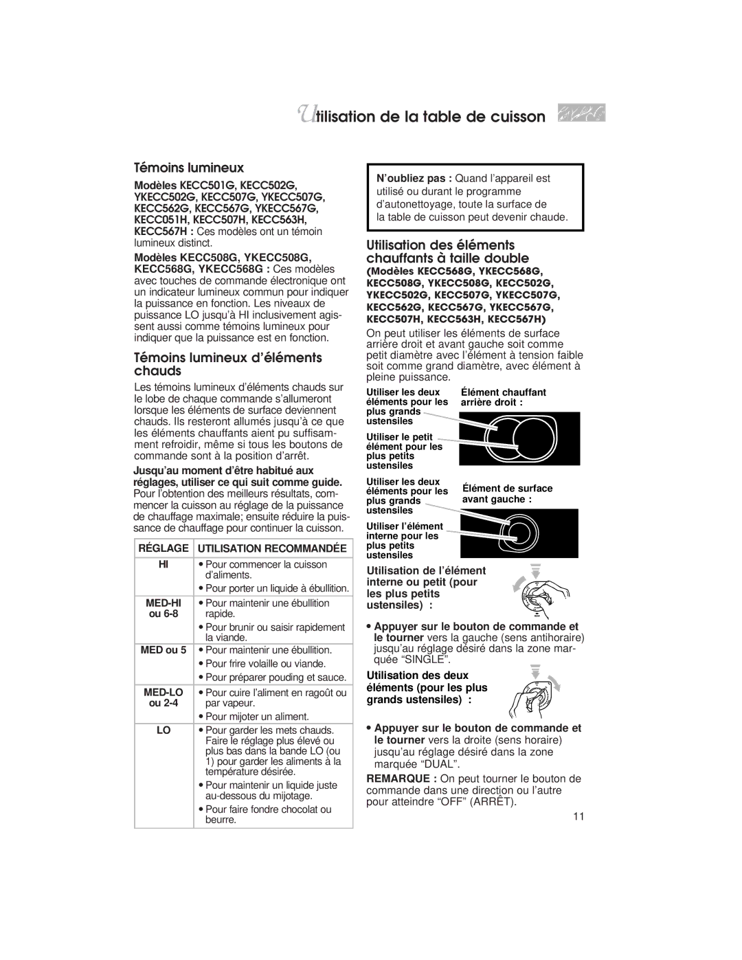 KitchenAid KECC563H, KECC507H Témoins lumineux d’éléments chauds, Utilisation des éléments chauffants à taille double 