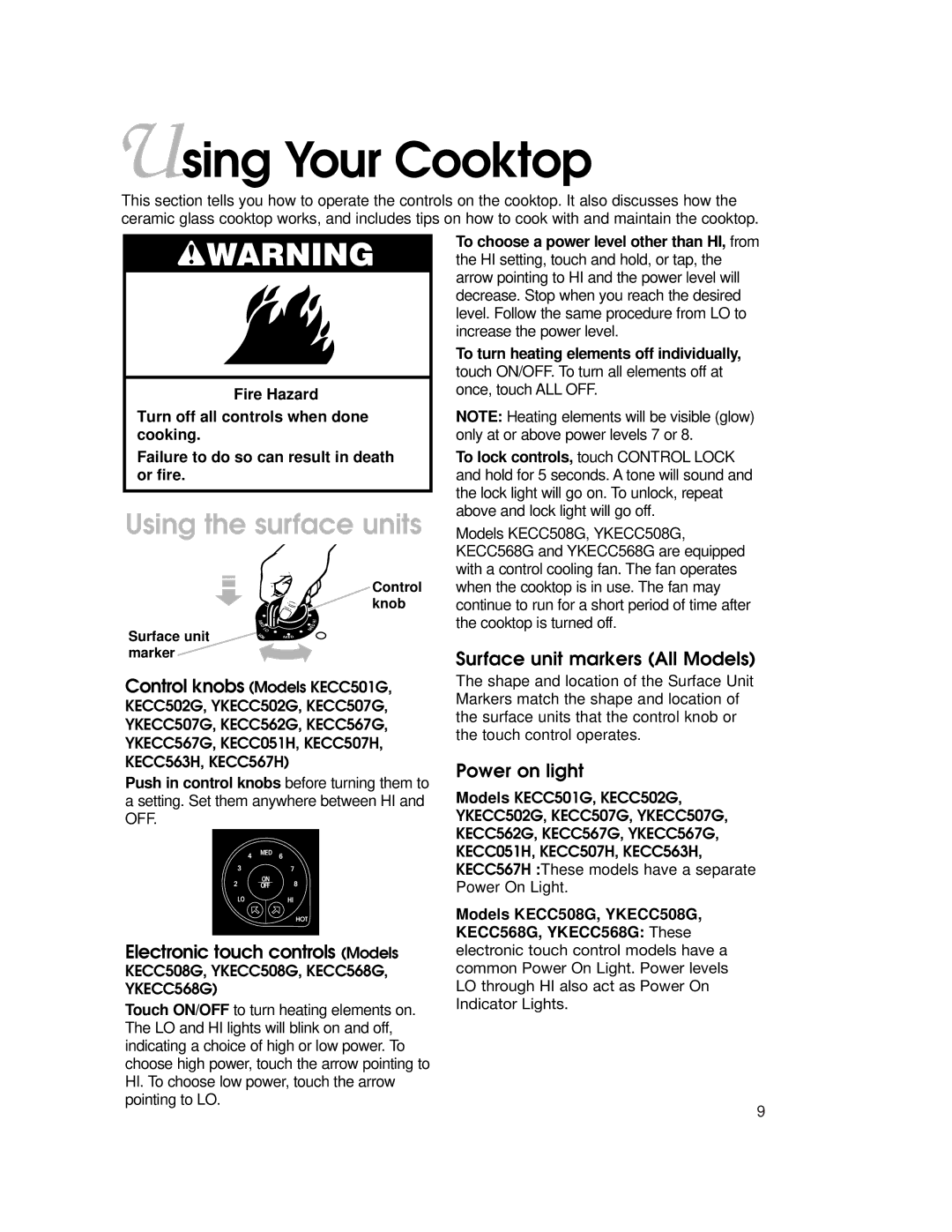 KitchenAid KECC563H, KECC507H Using Your Cooktop, Using the surface units, Surface unit markers All Models, Power on light 