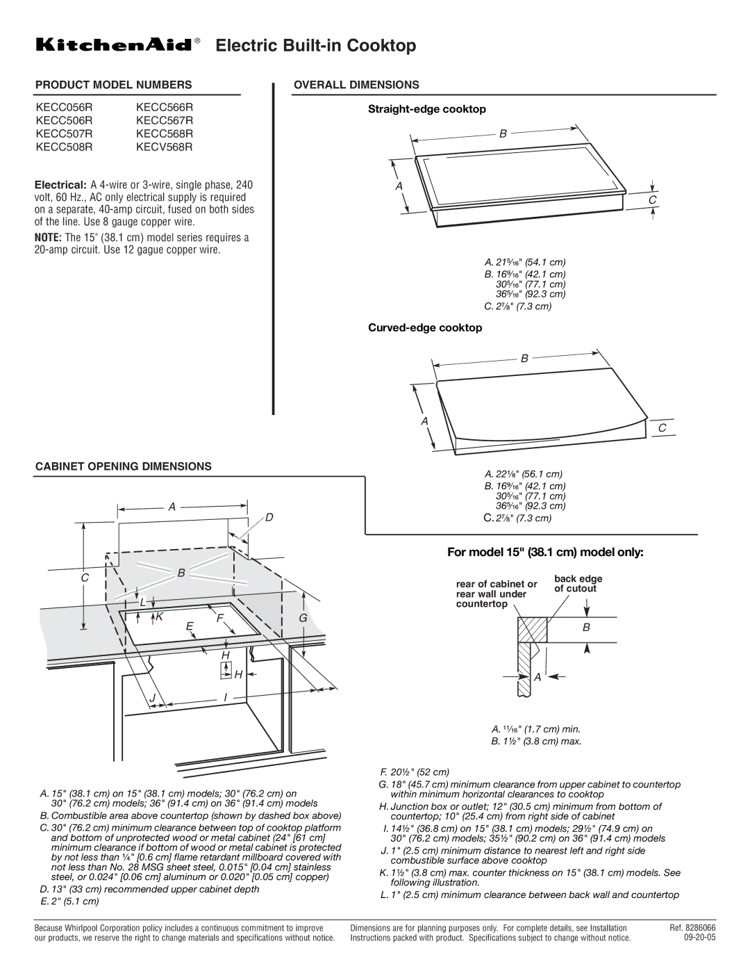 KitchenAid KECC568R, KECC566R dimensions Electric Built-in Cooktop, For model 15 38.1 cm model only, Straight-edge cooktop 