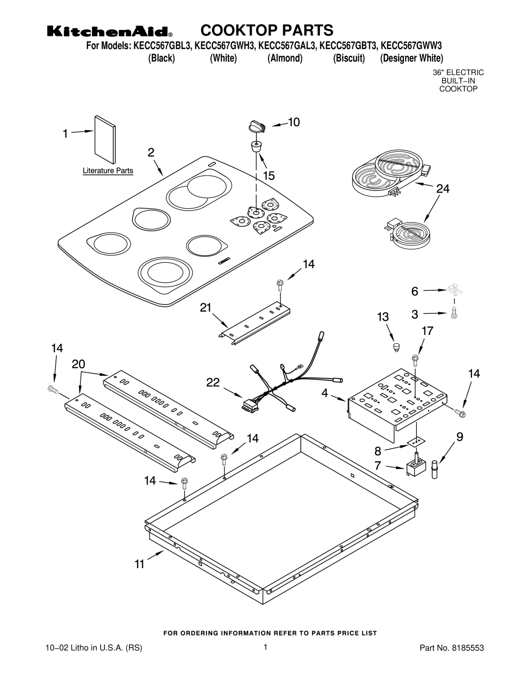 KitchenAid KECC567GWH3, KECC567GWW3, KECC567GBL3 manual Cooktop Parts, Black White Almond Biscuit, 10−02 Litho in U.S.A. RS 