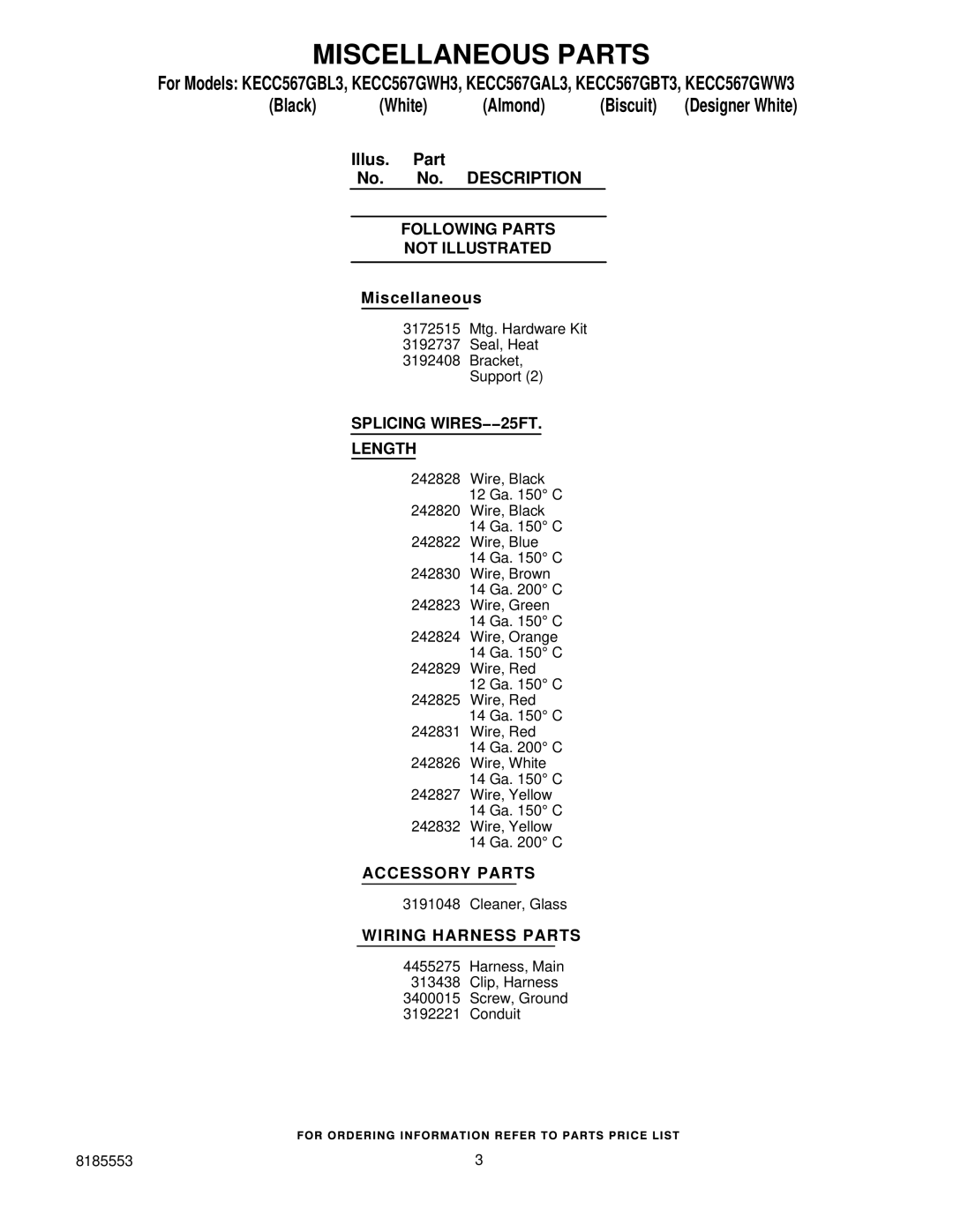 KitchenAid KECC567GBT3 manual Miscellaneous Parts, Description Following Parts Not Illustrated, Splicing WIRES−−25FT Length 