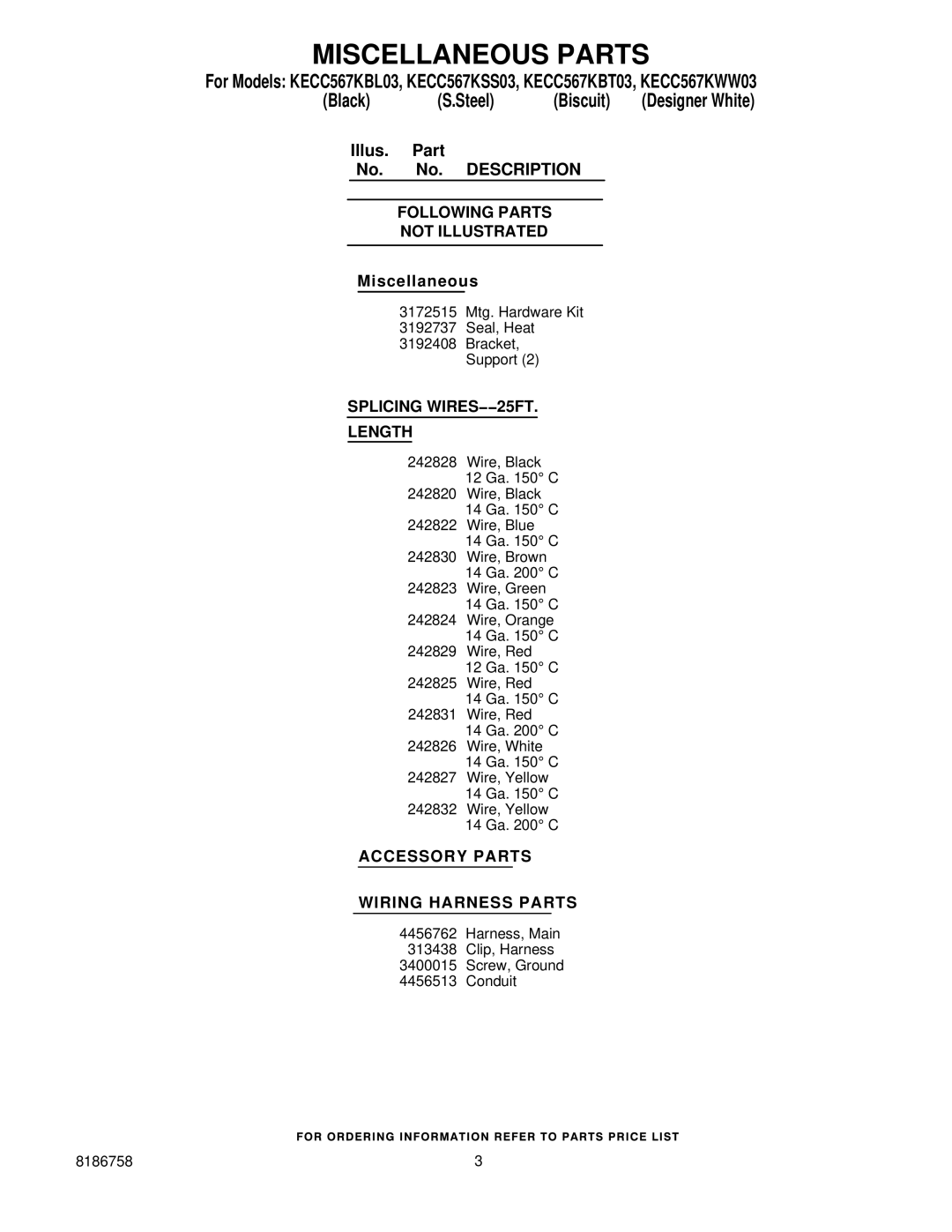 KitchenAid KECC567KBL03, KECC567KWW03 Miscellaneous Parts, Following Parts Not Illustrated, Splicing WIRES−−25FT Length 