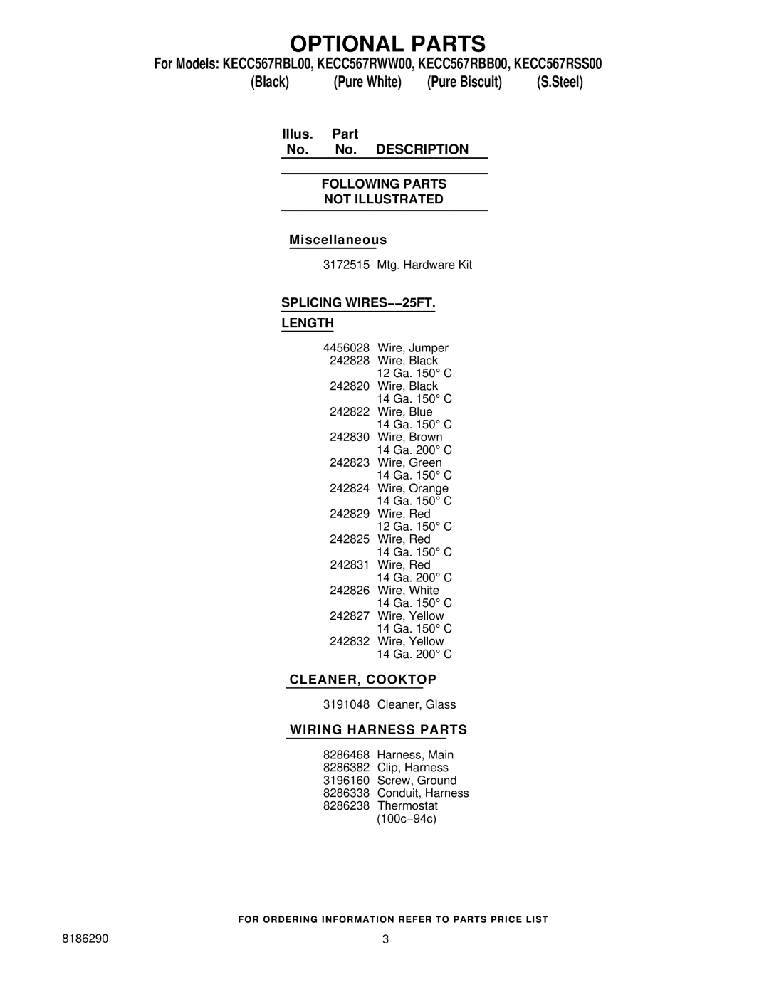 KitchenAid KECC567RBB00, KECC567RBL00 Optional Parts, Splicing WIRES−−25FT Length, CLEANER, Cooktop, Wiring Harness Parts 