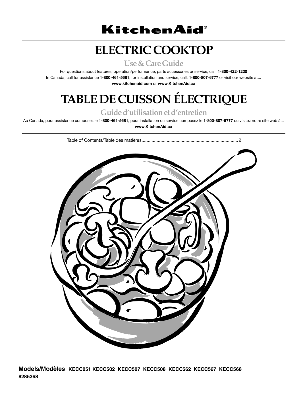 KitchenAid KECC567, KECC568, KECC507, KECC508, KECC562 manual Electric Cooktop, Table DE Cuisson Électrique, Use &CareGuide 