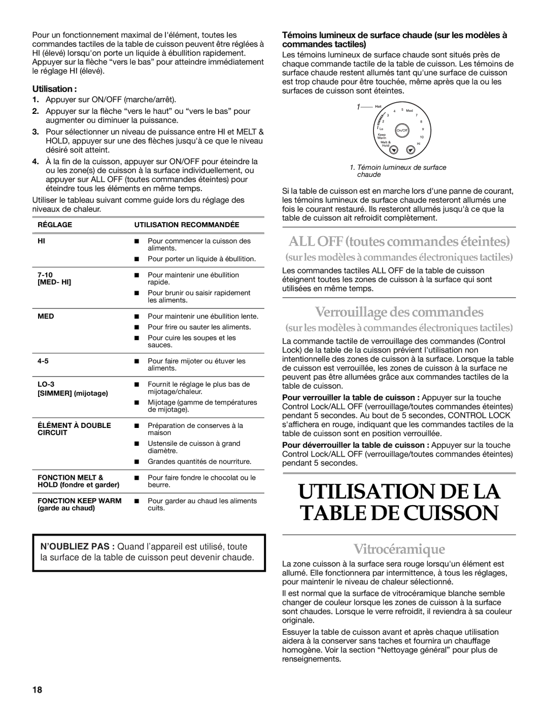 KitchenAid KECC562, KECC568 ALL OFF toutes commandes éteintes, Verrouillage des commandes, Vitrocéramique, Utilisation 