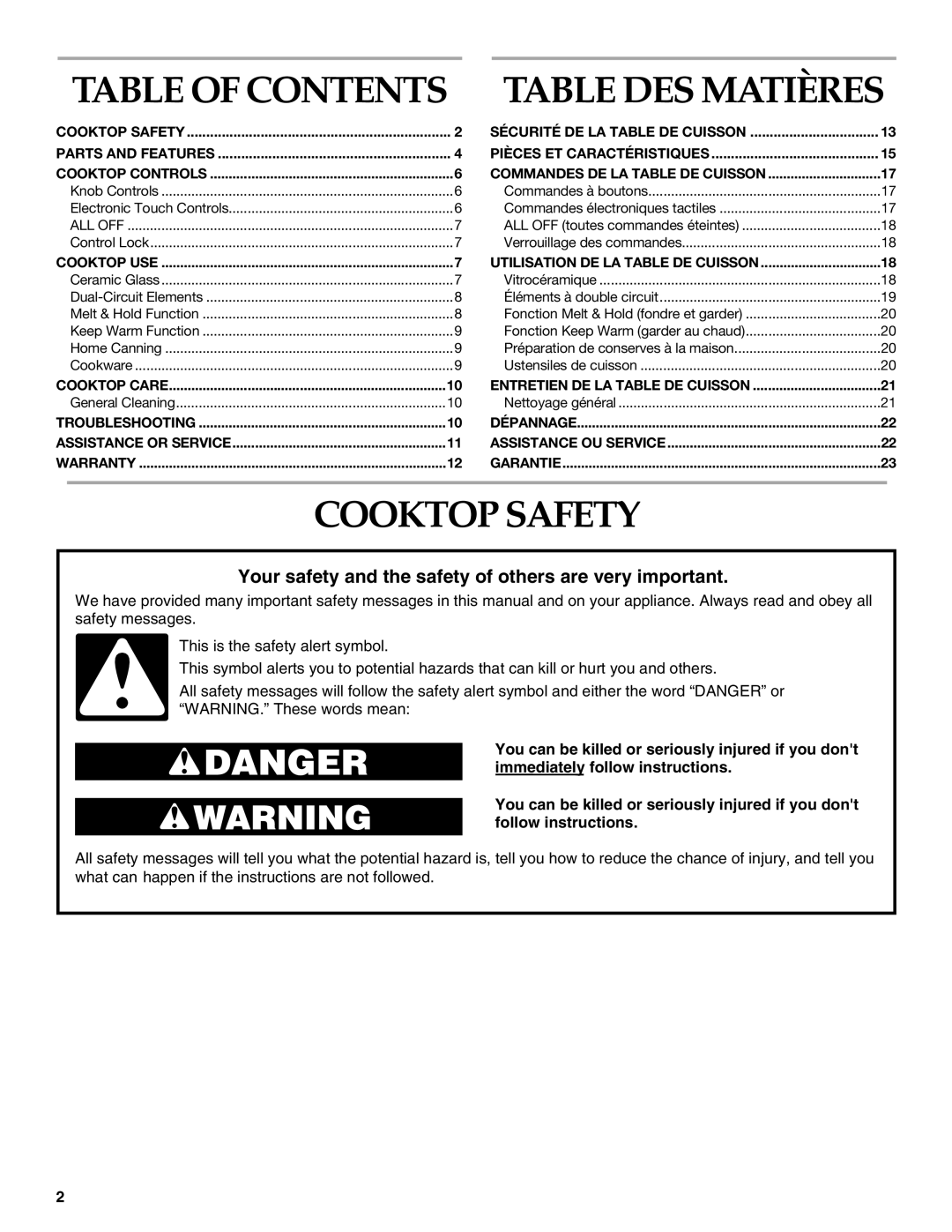 KitchenAid KECC507, KECC568, KECC567, KECC508, KECC562, KECC502, KECC051 Table of Contents, Table DES Matières, Cooktop Safety 