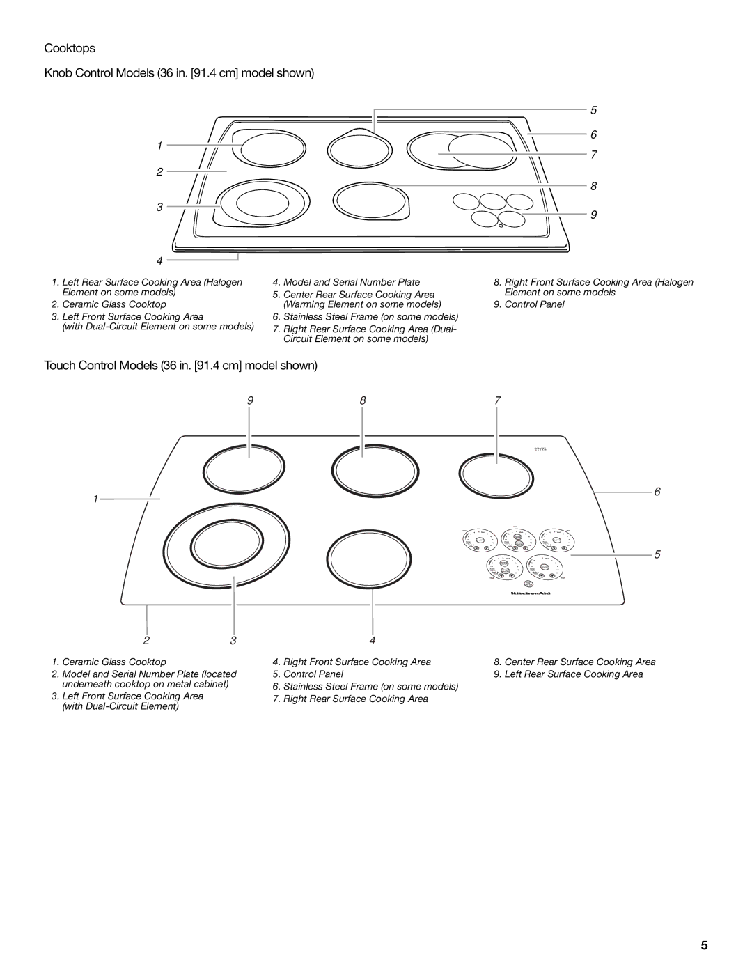 KitchenAid KECC502 Cooktops Knob Control Models 36 in .4 cm model shown, Touch Control Models 36 in .4 cm model shown 