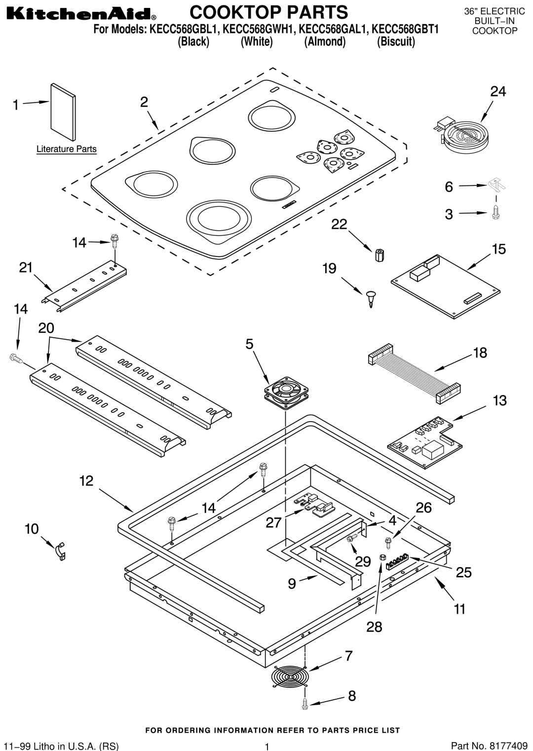 KitchenAid KECC568GBL1, KECC568GWH1, KECC568GBT1 manual Cooktop Parts, Black White Almond Biscuit, 11−99 Litho in U.S.A. RS 