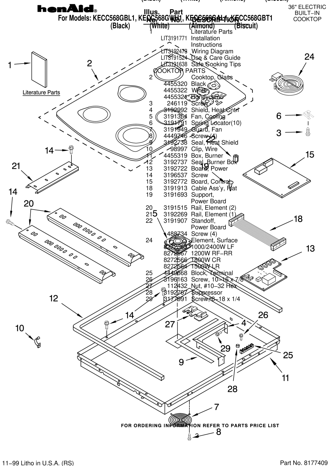 KitchenAid KECC568GBT1, KECC568GWH1, KECC568GBL1 manual White, Illus Part No. Description, Literature Parts, Cooktop Parts 