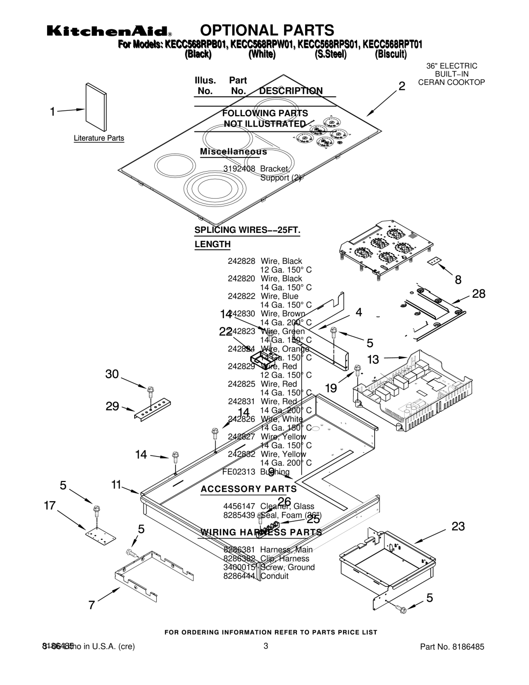 KitchenAid KECC568RPS01 Optional Parts, Following Parts Not Illustrated, Splicing WIRES−−25FT Length, Accessory Parts 