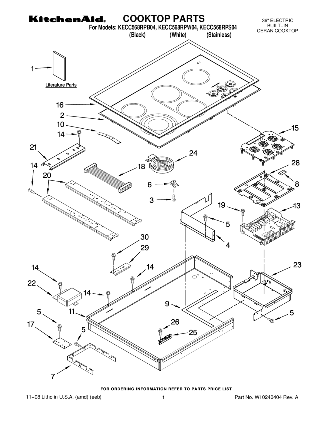 KitchenAid KECC568RPS04, KECC568RPW04, KECC568RPB04 manual Cooktop Parts 