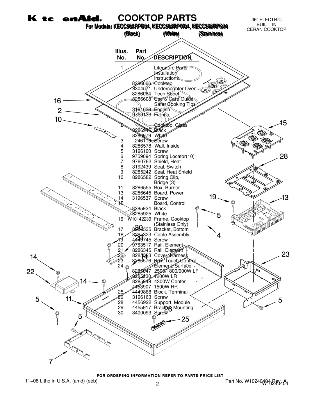 KitchenAid manual Cooktop Parts, For Models KECC568RPB04, KECC568RPW04, KECC568RPS04 Black, Description 