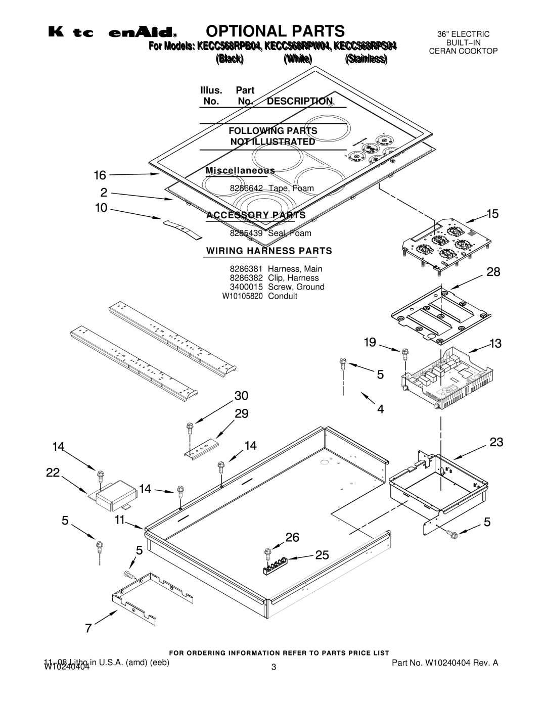 KitchenAid KECC568RPW04 Optional Parts, Description Following Parts Not Illustrated, Accessory Parts, Wiring Harness Parts 