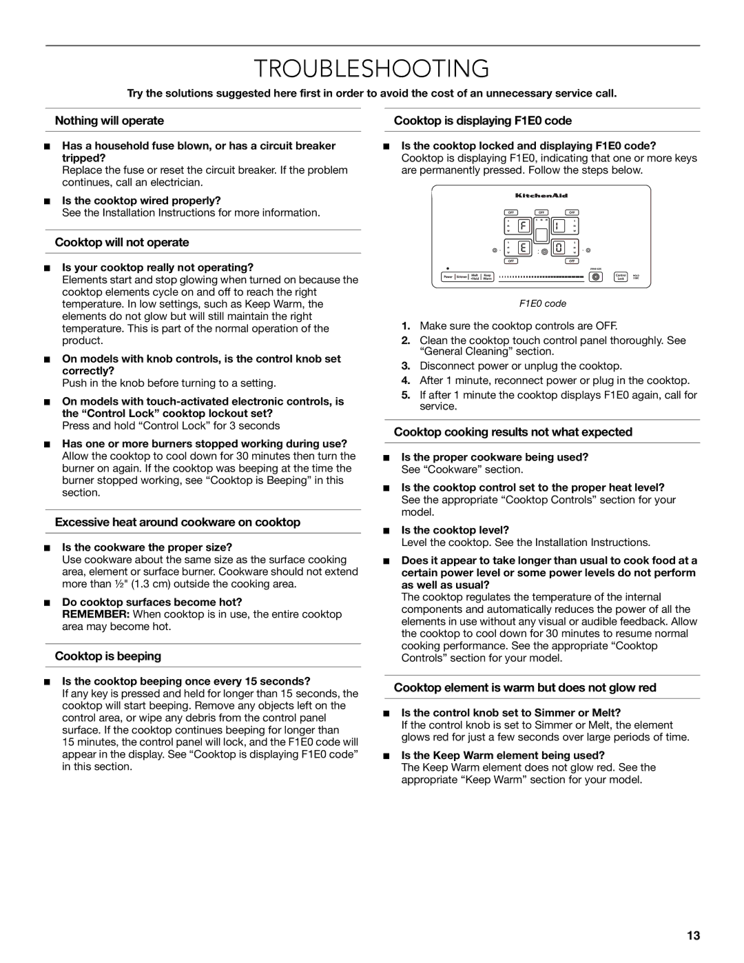 KitchenAid KECC607BSS manual Troubleshooting 