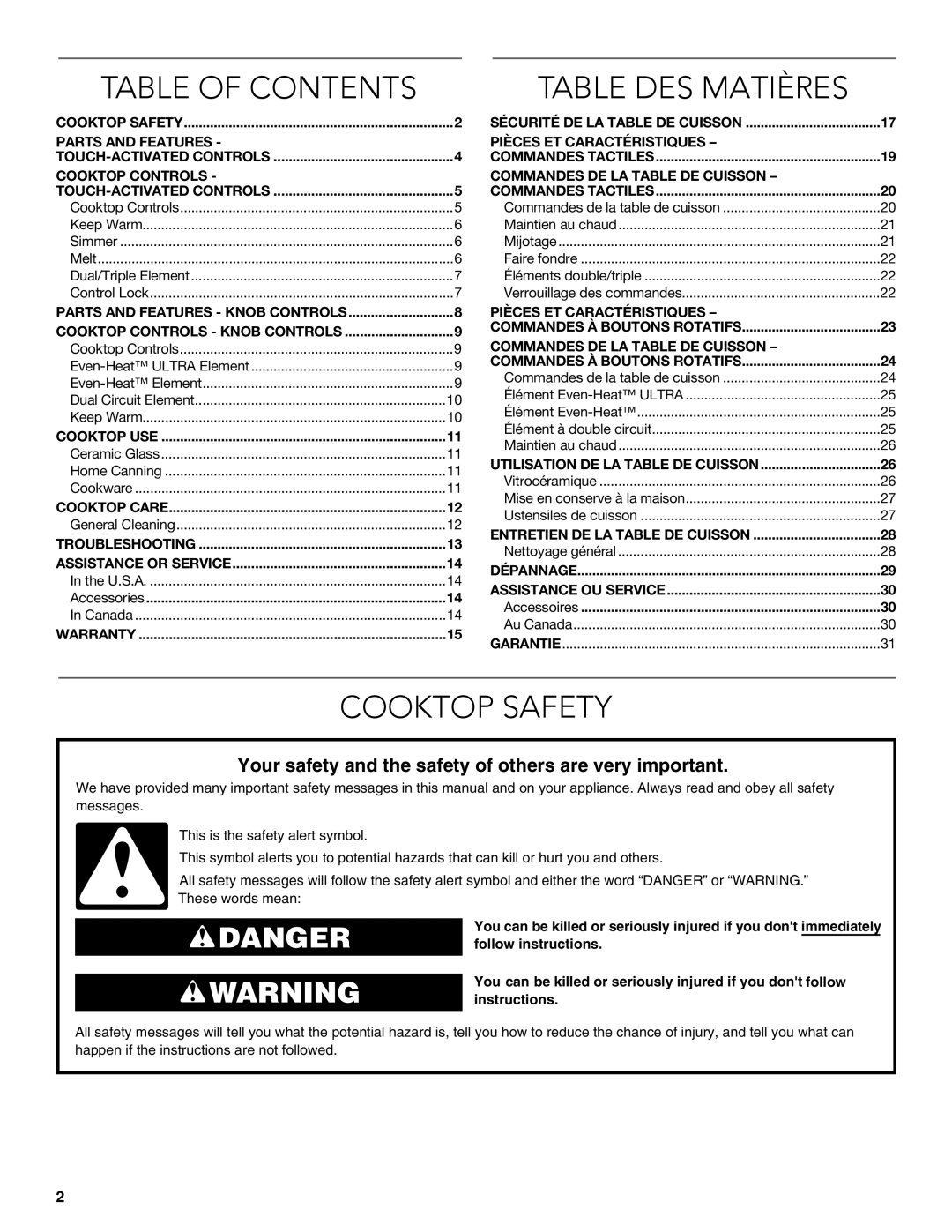 KitchenAid KECC607BSS manual Table of Contents, Table DES Matières, Cooktop Safety 