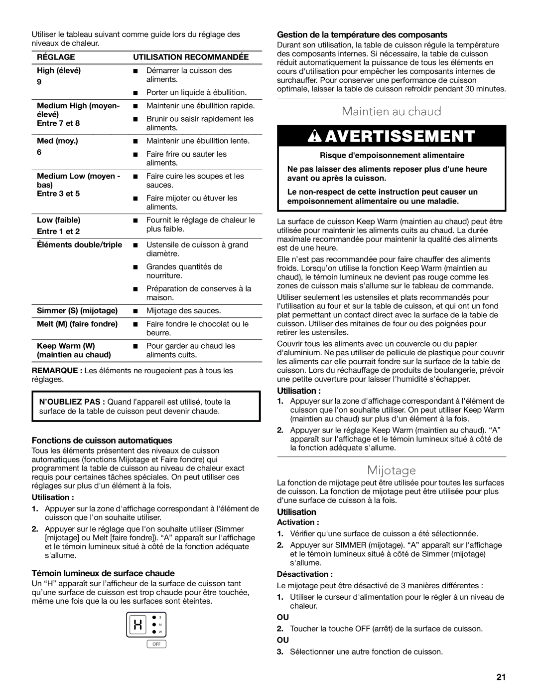 KitchenAid KECC607BSS Maintien au chaud, Mijotage, Fonctions de cuisson automatiques, Témoin lumineux de surface chaude 