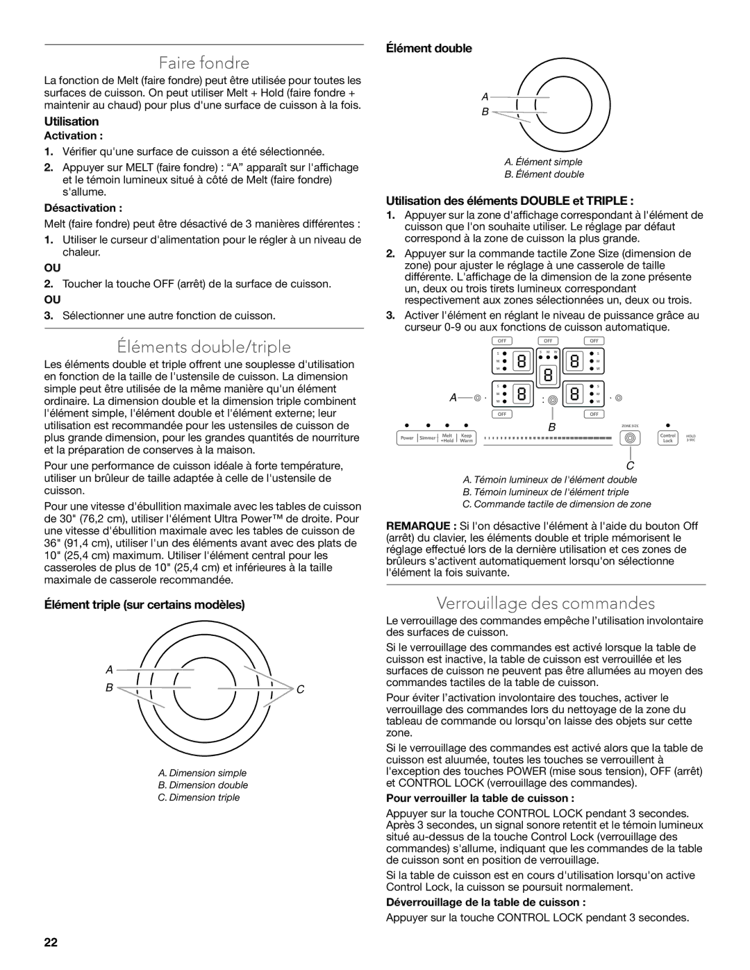 KitchenAid KECC607BSS manual Faire fondre, Éléments double/triple, Verrouillage des commandes 