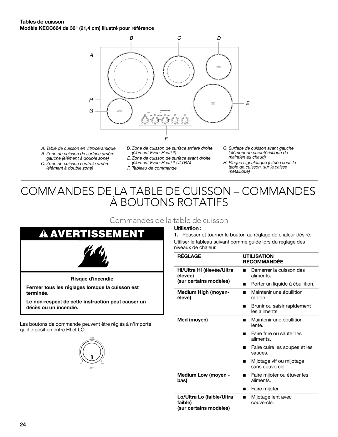 KitchenAid KECC607BSS manual Commandes DE LA Table DE Cuisson Commandes Boutons Rotatifs 