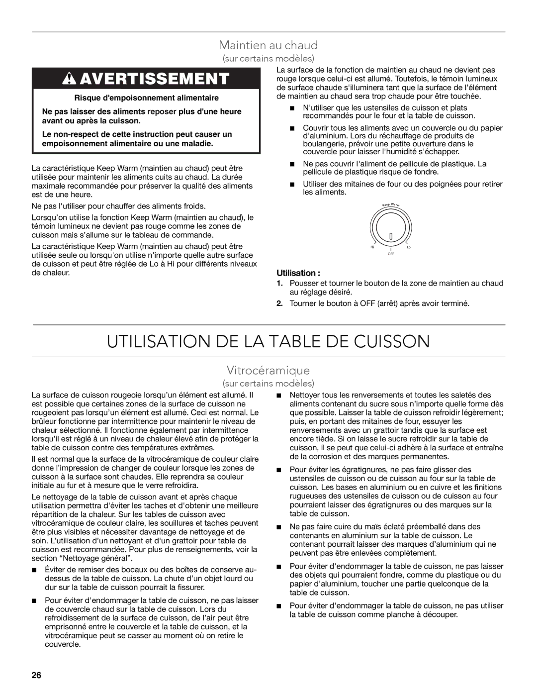 KitchenAid KECC607BSS manual Utilisation DE LA Table DE Cuisson, Vitrocéramique 